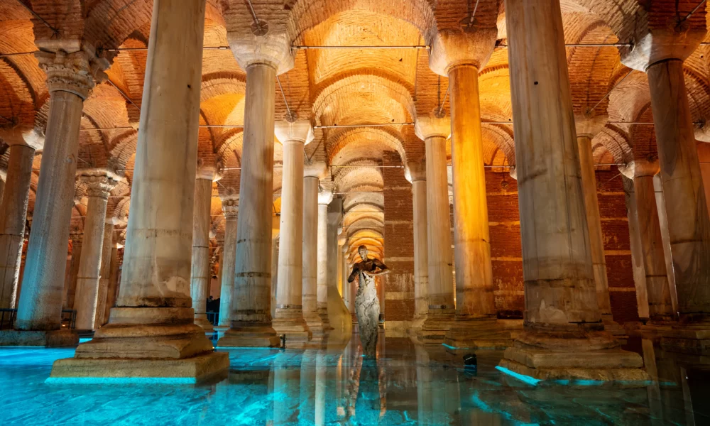 An interior view of the Basilica Cistern in Istanbul