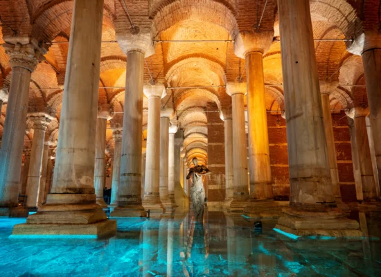 An interior view of the Basilica Cistern in Istanbul