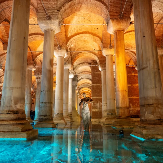 An interior view of the Basilica Cistern in Istanbul