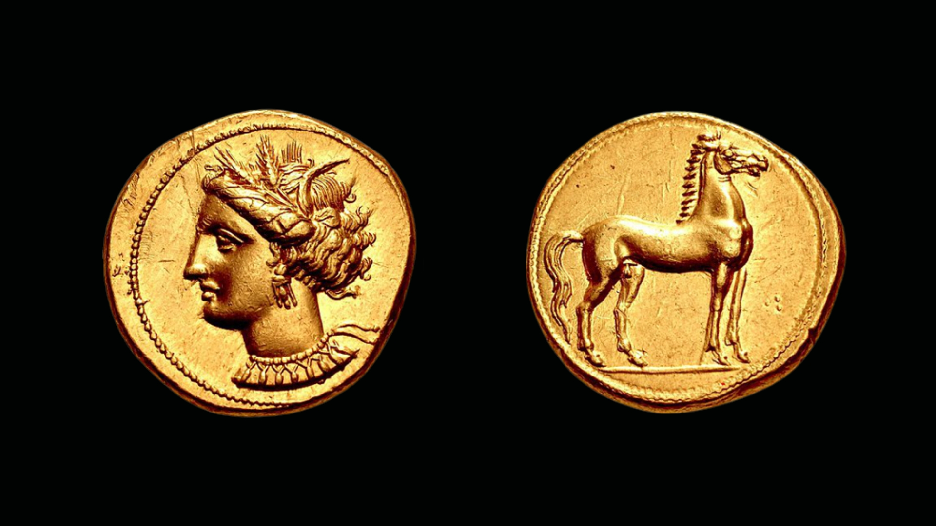 Carthaginian Coinage : Jenkins-Lewis, Group III (ca. 350-320 BC): electrum shekel. Obverse: wreathed female head. Reverse: Standing horse.