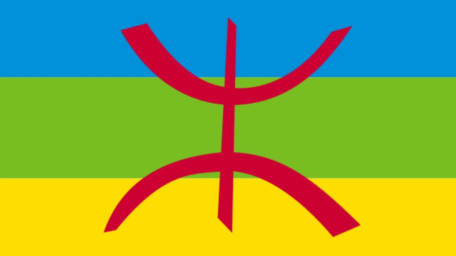 The Amazigh flag, a symbol of cultural identity and resilience, featuring a red yaz symbol on a blue, green, and yellow background, representing the Atlas Mountains, the Mediterranean Sea, and the Sahara Desert.