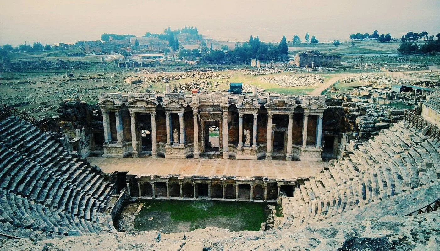 View of Hierapolis ruins with Pamukkale terraces