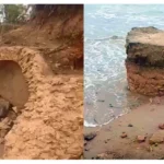 Exposed ancient stone ruins on the beach of Nabeul, Tunisia, possibly part of the lost Punic-Roman city of Neapolis revealed after Storm Harry.
