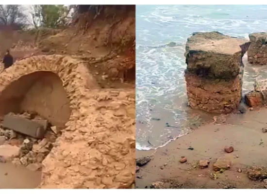 Exposed ancient stone ruins on the beach of Nabeul, Tunisia, possibly part of the lost Punic-Roman city of Neapolis revealed after Storm Harry.