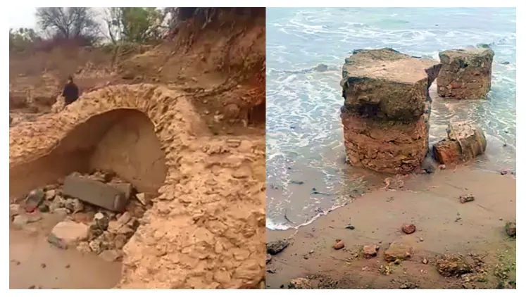 Exposed ancient stone ruins on the beach of Nabeul, Tunisia, possibly part of the lost Punic-Roman city of Neapolis revealed after Storm Harry.